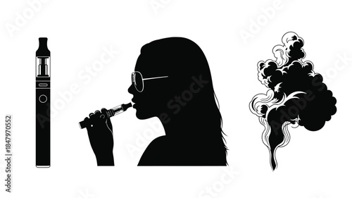 Silhouette of a woman vaping with an electronic cigarette and smoke cloud