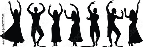 Dance silhouette poses, expressive movement, black figures, raised arms, minimal design, cultural rhythm, artistic gesture, choreography stance, graceful posture, performance