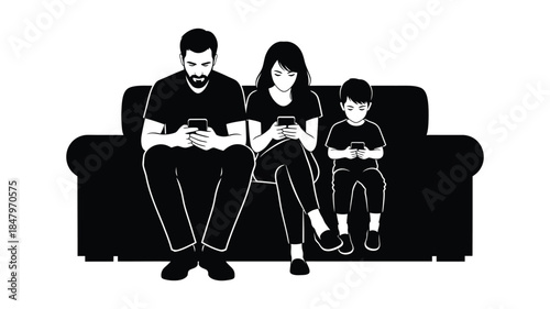 Family engrossed in their smartphones while sitting on a modern sofa