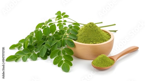 Fresh moringa leaves and powder in wooden bowl  on a white background