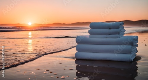 Stack of clean white folded towels resting on wet sand at the beach during a vibrant orange and yellow sunset over the ocean waves