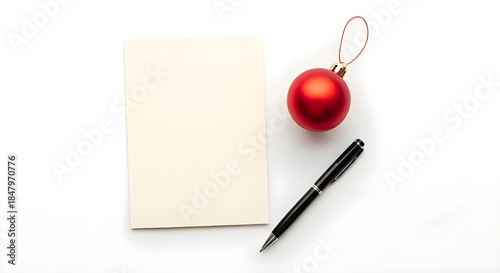 Blank christmas greeting card with red ornament and black pen on white background for holiday message or letter writing