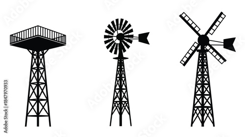 A collection of three black and white illustrations of farm windmills and a water tower