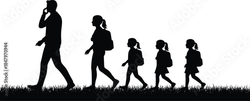 Extensive Collection of Diverse People Silhouettes, Including Men, Women, and Children Walking with Bags, Representing Commuters, Family Travel, Daily Routine, Urban Life, and Movement.