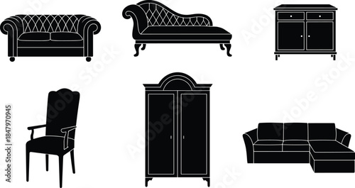 Classic furniture silhouettes vector illustration featuring sofa, armchair, wardrobe, cabinet and chaise lounge, elegant interior design elements set