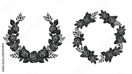 Elegant floral wreaths and a horseshoe shape composed of roses and leaves