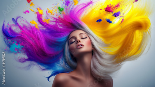 A serene woman surrounded by swirling pigments, representing dreams, inner peace, and the harmony between emotion and imagination.