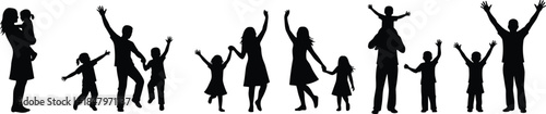 Family and group silhouettes celebrating, jumping, holding hands, black vector, isolated, child, unity, joy, bonding, motion, gesture, happiness, togetherness