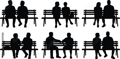 Couples sitting on park bench silhouettes vector illustration showing conversation, friendship, romance, social interaction, outdoor lifestyle minimalist design