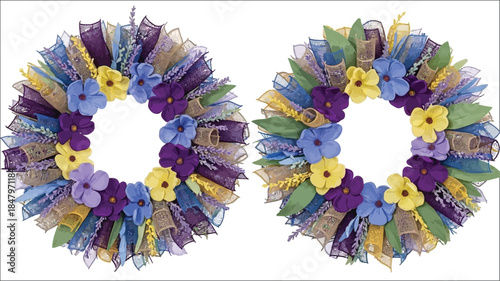 Two handcrafted wreaths displaying vibrant blue yellow and purple floral decorations