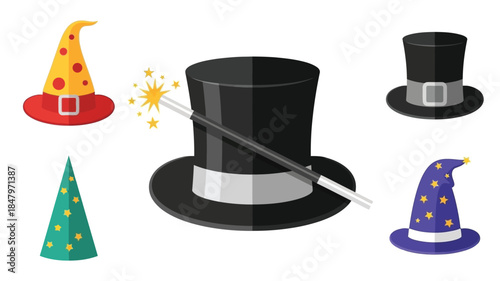 Colorful assortment of magic hats a wand and a festive green cone