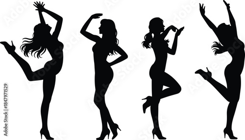 Dancing women silhouettes vector illustration showing expressive female dance poses, elegance, movement, party lifestyle concept, minimalist black design