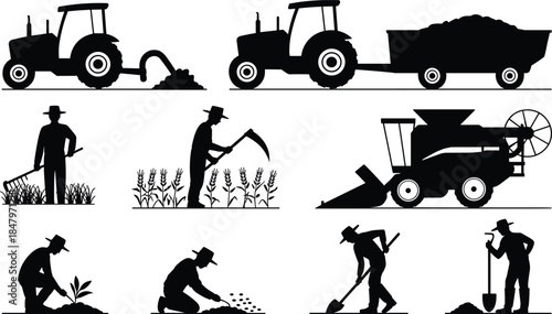 Farming silhouette vector set with tractors, tools, and farmer actions for agriculture, lifestyle, and rural illustration themes.