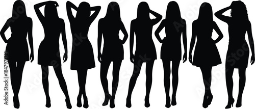 Fashionable women silhouettes vector illustration showing stylish female poses, elegance, confidence, modern fashion lifestyle concept, minimalist black design