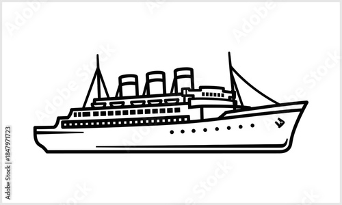 Elegant Liner: A classic cruise liner, a symbol of maritime travel, gracefully navigating the open sea, captured in a clean line drawing, representing the epitome of luxury and adventure. 