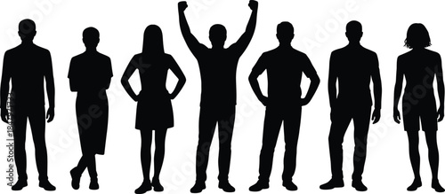 Group of standing people silhouettes vector illustration showing diverse men and women poses, teamwork concept, social diversity, minimalist black design