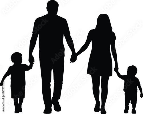 Happy family silhouettes vector illustration showing parents holding children hands, love, care, togetherness concept, minimalist black design