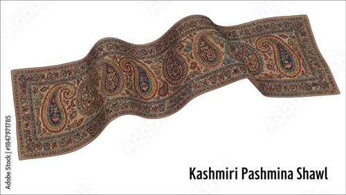 An intricately patterned kashmiri pashmina shawl beautifully displayed on a white background