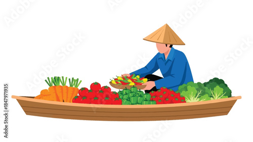 A vietnamese woman selling fresh vegetables and fruits from a traditional boat