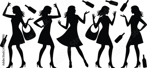 Party woman silhouette vector set with dresses, handbags, and bottles for fashion, nightlife, and lifestyle illustration themes.