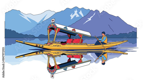 A serene kashmiri shikara boat glides across calm waters reflecting the mountains