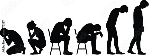 Sad people silhouettes vector illustration showing emotional stress, loneliness, despair poses, mental struggle concept, expressive human body language design