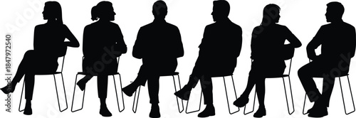 Seated people silhouettes vector illustration showing men and women sitting on chairs, discussion, interview, waiting concept, minimalist black design