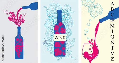 Wine poster set, minimalist bottle design, grape and vine illustration, modern drink artwork, flat vector layout, stylish wine theme