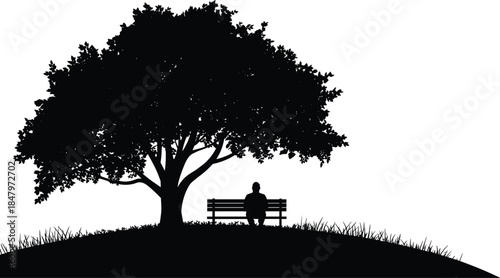 Solitary figure under tree silhouette vector for nature, reflection, solitude, and peaceful outdoor illustration themes.