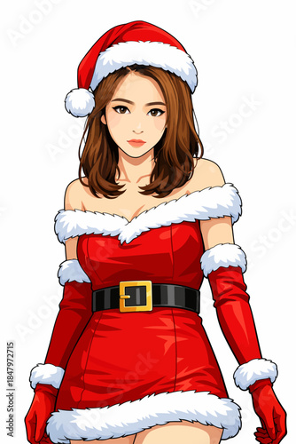 A high-quality digital illustration of a young woman dressed in a classic Santa Claus–inspired outfit. She is wearing a red off-shoulder Christmas dress with white fur trim, a black belt with a gold b