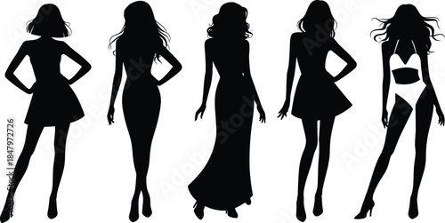 Stylized woman silhouette vector set with diverse fashion poses and outfits for lifestyle, fashion, and character illustration themes.
