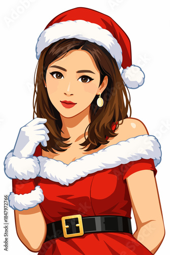 A detailed digital illustration of a young woman wearing a festive Santa Claus–inspired outfit. She is dressed in a red off-shoulder Christmas dress with soft white fur trim, complemented by a black b