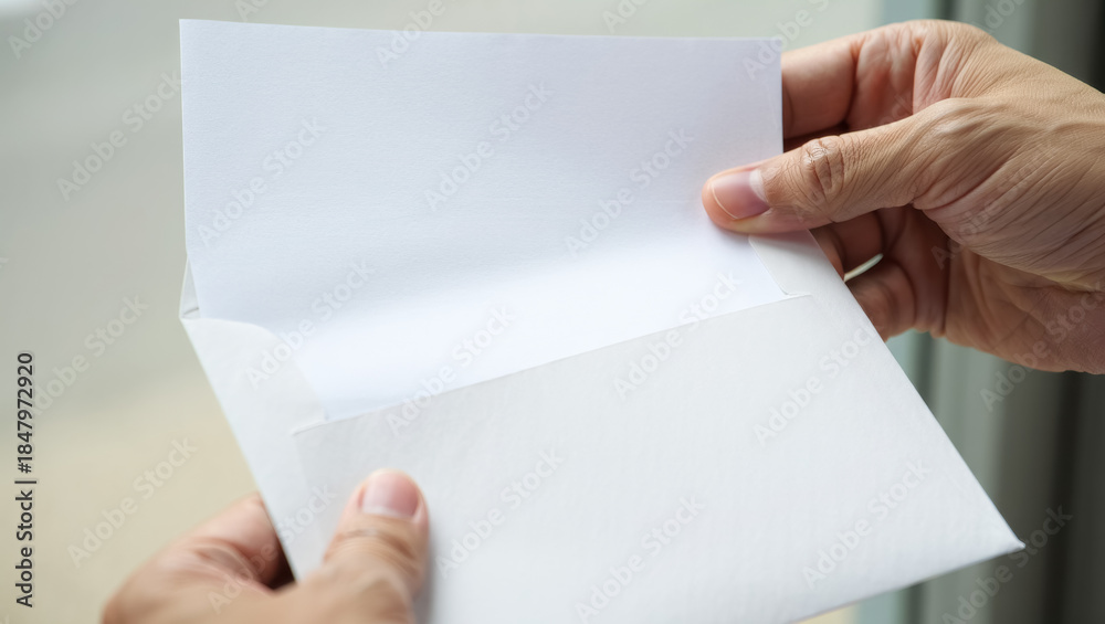 Obraz premium Close-up of an adult hand pulling a blank white sheet of paper out of an open envelope, soft natural daylight, neutral tones and clean minimal composition with copy space