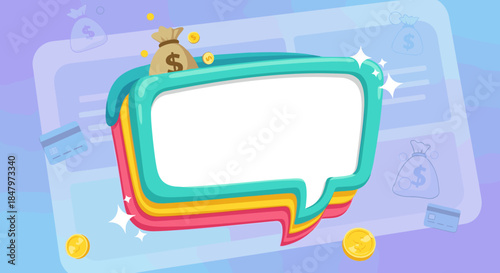 Money Bag and Credit Card Icons with Blank Speech Bubble