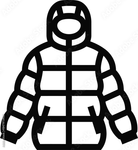 Hooded puffer jacket, down jacket, winter jacket vector illustration icon, silhouette. 