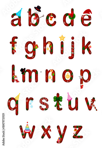 A set of red small letters a to z rounded edges with Christmas theme, snowflake and Christmas trees decorated by ribbon, snowman, party hats, ornaments, star, sugar cane, gift box, bell and sock.