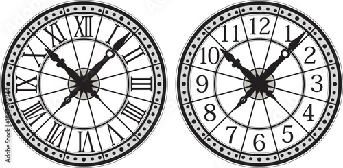 Two detailed clock faces, one with Roman numerals and one with Arabic numerals, on a white background, showing different times.