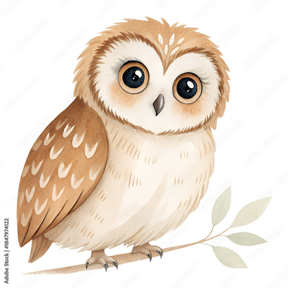 Naklejka premium Cute owl watercolor clipart, soft hand-painted style, big expressive eyes, light brown and cream feathers, gentle brush strokes, minimal details, isolated on transparent background, high-resolution PN
