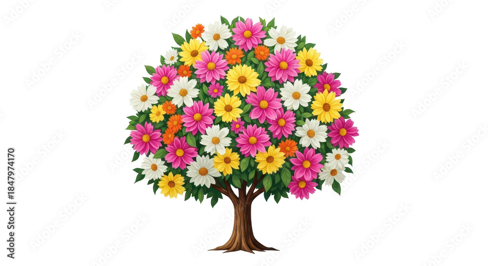 Fototapeta premium Blossom Canopy: A vibrant depiction of a flowering tree, its crown bursting with an array of colorful blooms, symbolizing growth and renewal.