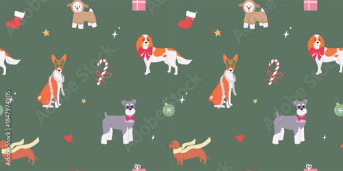 Christmas Seamless Pattern with Cute Dogs, Candy Canes, and Baubles on a Green Background