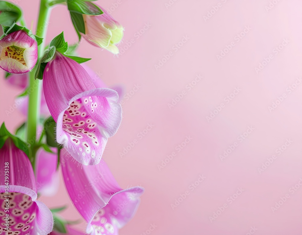 Obraz premium Close Up Of Pink Foxglove Flowers With White Spots And Water Droplets Against A Soft Pink Background With Subtle Lighting
