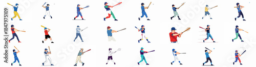Dynamic collection of baseball players batting, showing various swing poses, isolated vector illustrations for sports and activity design.