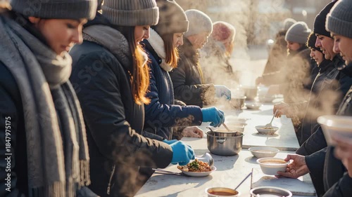 Volunteers serving hot soup to people outdoors in winter. Charity workers feeding the homeless or refugees. Humanitarian aid concept