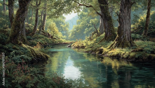 Tranquil forest stream. Lush greenery, calm water, sunlight filters through trees