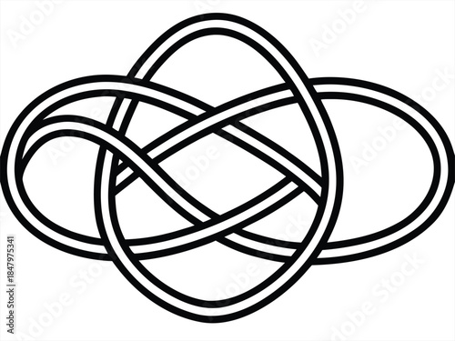 An abstract black and white vector illustration of a metallic 3D circular wire cable symbol designed as a modern technological atom icon.