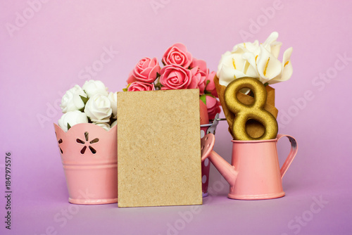 Figure 8, eight  and flowers background. Birthday card International Women’s Day poster, frame banner, template layout typography design for advertising, web, social media. 