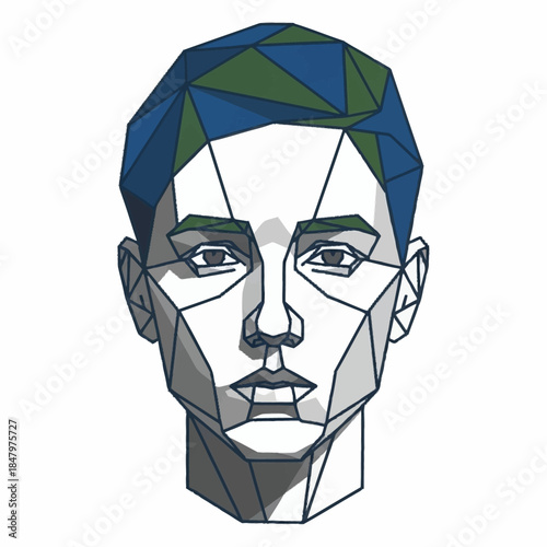 Geometric Portrait of a Young Man with Blue and Green Hair.