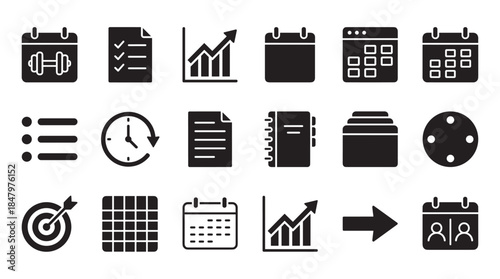 Set of black solid glyph icons for business, planning, and productivity, representing scheduling, time management, goal setting, and fitness in a minimalist flat design