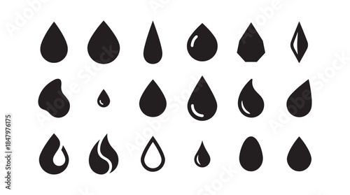 Set of black water drop icons in various shapes and styles, including simple teardrops, geometric forms, and abstract liquid symbols for graphic design elements