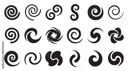 Diverse collection of black spiral shapes and swirl icons, featuring abstract minimalist designs like vortices, waves, and decorative curls for graphic design
